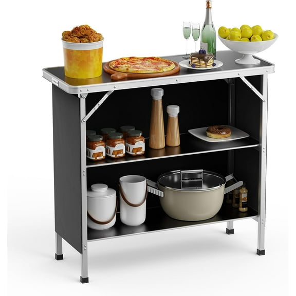VibrantEcho Camping Table, Aluminum Portable Bar Table 39''L x 34''H, 2-Tier Storage Shelves, Removable Oxford Cloth, Carrying Bag, Lightweight Folding Table for Events, Outdoor, Party, Picnic