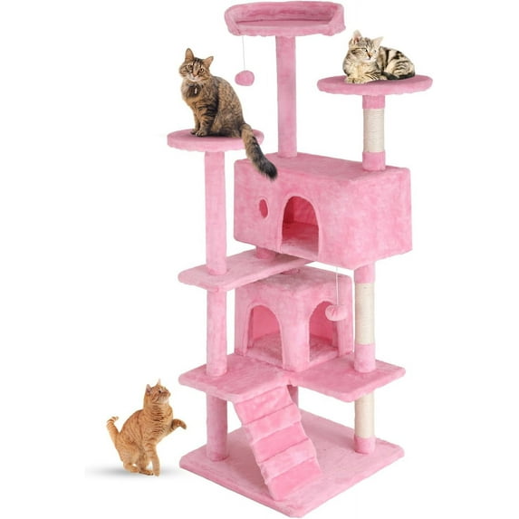 VibrantEcho Cat Tree 54in Cat Tower Multi-Level Durable Cat Scratching Post & Cozy Fun Cat Jumping Platform Space Saving Cat Condo Pet Play House for Indoor Cats,Pink