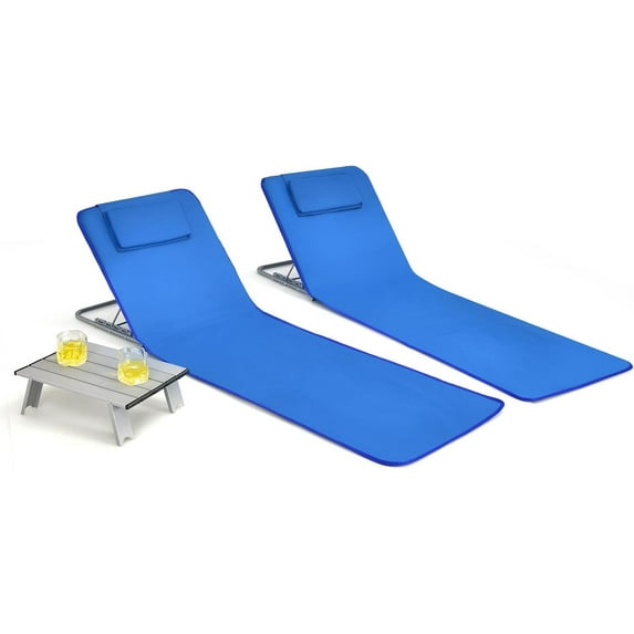 VibrantEcho Chairs with Side Table, 2 Pack Folding Lounge Chairs for Adults, with 5 Adjustable Position, Backpack Lightweight Reclining Lounge Chair for Lawn Camping Picnic Sunbath Pool (Navy)