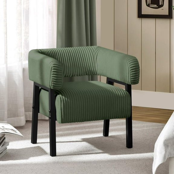VibrantEcho Corduroy Barrel Accent Chair, Modern Upholstered Armchair with Solid Wood Legs, Cozy Leisure Chair with Pocket Coiled Seat for Living Room, Bedroom, Reading Nook Dark Green