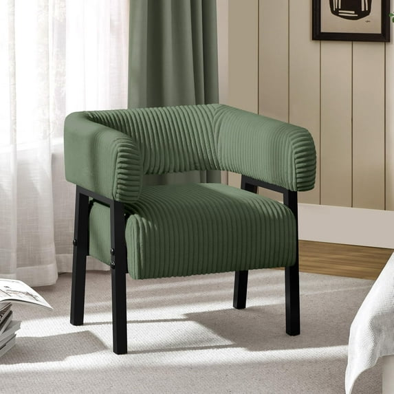 VibrantEcho Corduroy Barrel Accent Chair, Modern Upholstered Armchair with Solid Wood Legs, Cozy Leisure Chair with Pocket Coiled Seat for Living Room, Bedroom, Reading Nook Dark Green