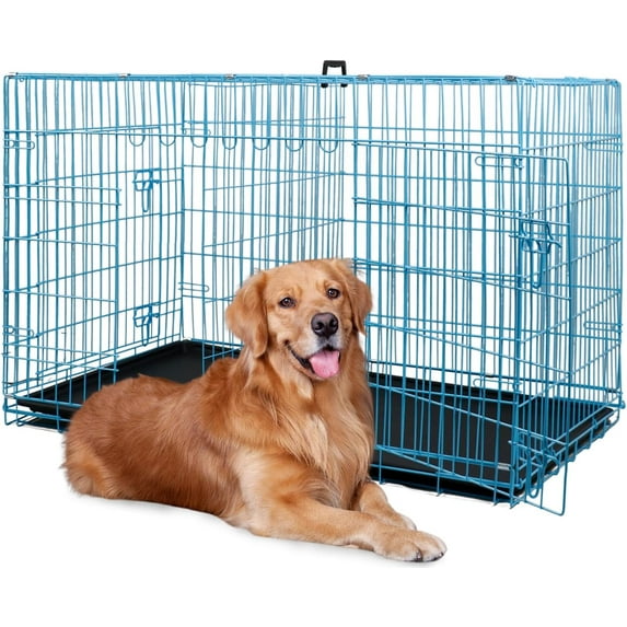 VibrantEcho Dog Crate for Large Dogs,48 Inch Dog Kennel Outdoor with Double-Door,Folding Metal Pet Dog Cages with Divider Panel, Tray and Handle,Blue
