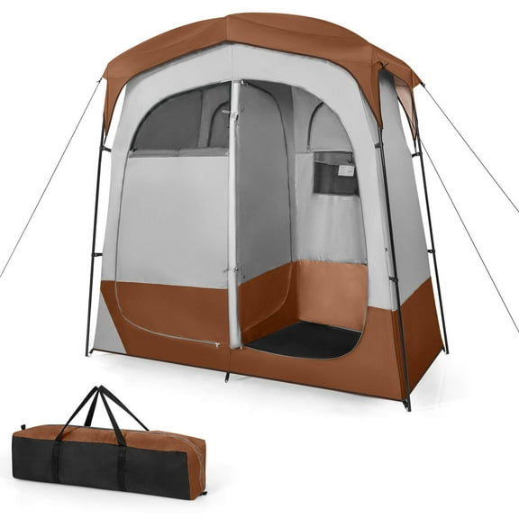 VibrantEcho Double Room Shower Tent, Oversize Space Privacy Tent with Floor, Removable Rain Fly, Inside Pocket, Clothesline, Top Hook, Portable Outdoor Changing Tent for Dressing, Camping, Toilet