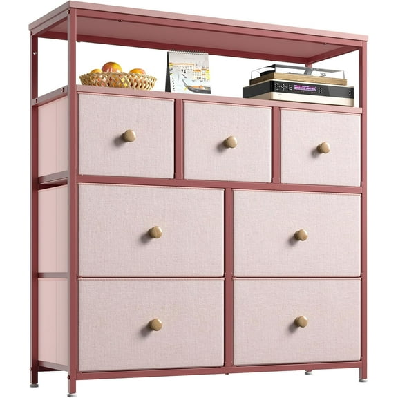 VibrantEcho Dresser for Bedroom with 7 Drawers, Purple Dressers & Chests of Drawers, Dresser for Clothes Storage with Wooden Top and Metal Frame, Entertainment Center, Pink