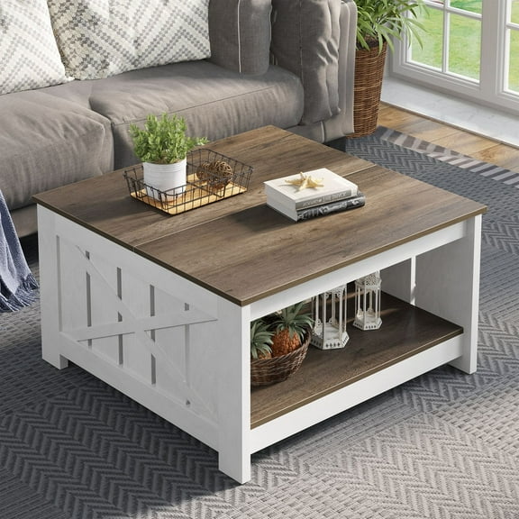 VibrantEcho Farmhouse Square Coffee Table, Brown & White with Open Storage Compartment