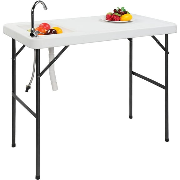 VibrantEcho Fish Cleaning Table, Portable Folding Camping Table, 45" HDPE Outdoor Fish Cleaning Station with Sink, 360 Stainless Steel Faucet, Drainage Hose, Working Platform for Camping