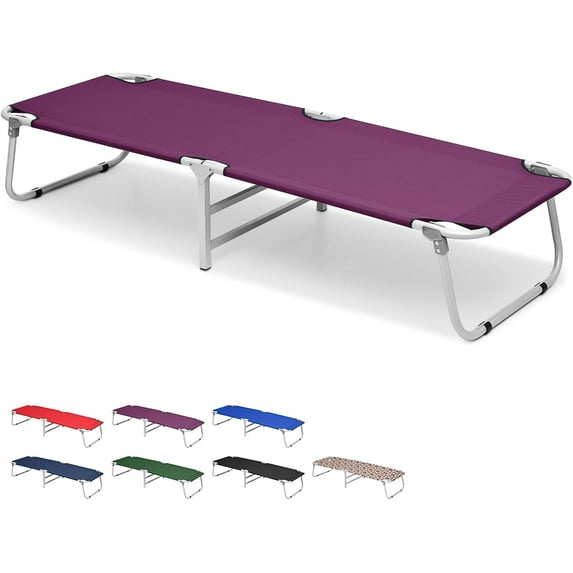 VibrantEcho Folding Camping Cot for Adults, Portable Travel Camp Cot with Storage Bag, Metal Frame Camping Bed Great for Outdoor, Lounging & Elevated Sleeping, Support 300lbs, Easy Setup, Purple