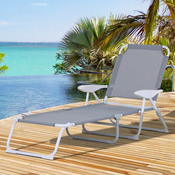 VibrantEcho Folding Lounge Chair, Portable Outdoor Chaise Lounge, Sun Tanning Chair with 4-Position Reclining Back, Armrests, Metal Frame and Mesh Fabric for Beach, Yard, Patio,Gray