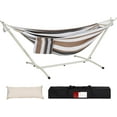 thumbnail image 1 of VibrantEcho Hammocks Double Hammock with Stand - 2 Person Heavy Duty Outdoor Hammock for Adults, Includes Durable Steel Stand, Portable Carrying Bag and Pillow, Brown Stripes, 1 of 13