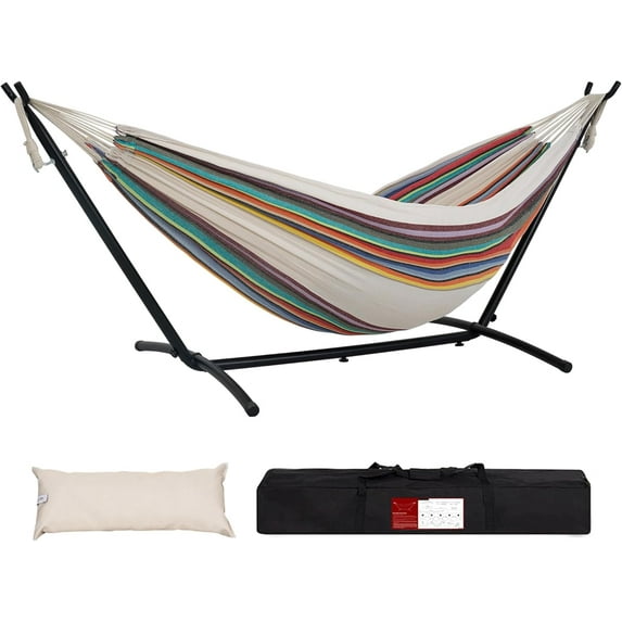 VibrantEcho Hammocks Double Hammock with 9ft Space-Saving Steel Stand Includes Portable Carrying Case, 450 Pounds Capacity (Tan Stripe)