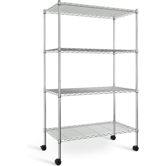 VibrantEcho Heavy Duty 4-Shelf Shelving with Wheels, 35.43" D x 17.72" W x 61.02" H Adjustable Steel Organizer Wire Rack 1000 Lb Capacity, Chrome