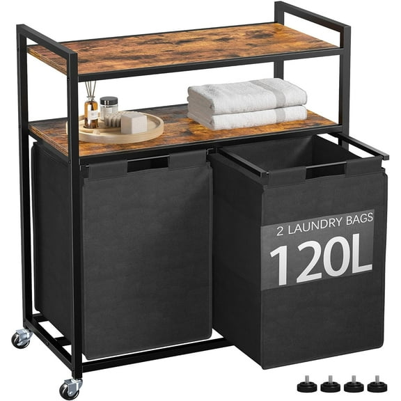 VibrantEcho Laundry Hamper, 120L Large Capacity, 2 Section Laundry Sorter, Rolling Basket with Wheels, Metal and Wood Frame