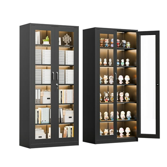 VibrantEcho Lockable Display Cabinet with Glass Doors & 5 Adjustable Shelves, 71" Tall Black Metal Storage Cabinet Curio Liquor, Bookshelf Bookcase for Home Office Living Room Pantry Garage
