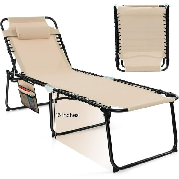 VibrantEcho Lounge Chairs for Outside, Extra High Folding Beach Tanning Lounger with Adjustable Backrest, Footrest & Removable Pillow, Sunbathing Lounge for Patio, Poolside (1, Sand with Pocket)