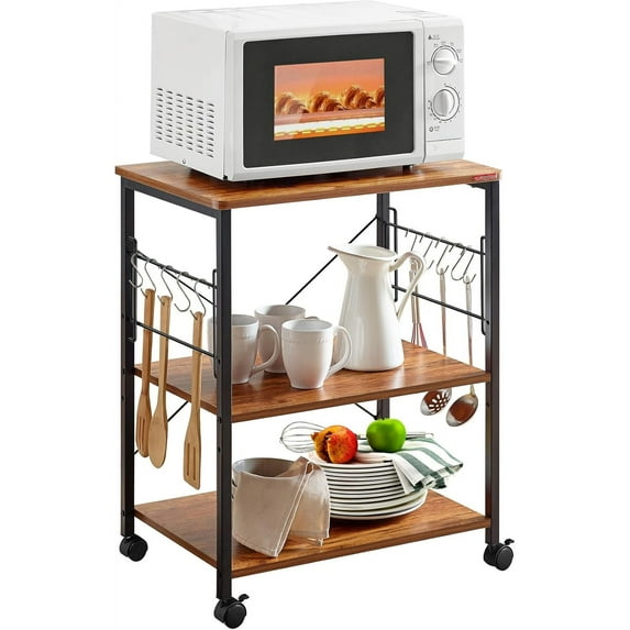 VibrantEcho Microwave Cart 23.7'' for Small Space, 3-Tier Coffee Cart Rolling Kitchen Utility cart Microwave Stand on Wheels, Vintage