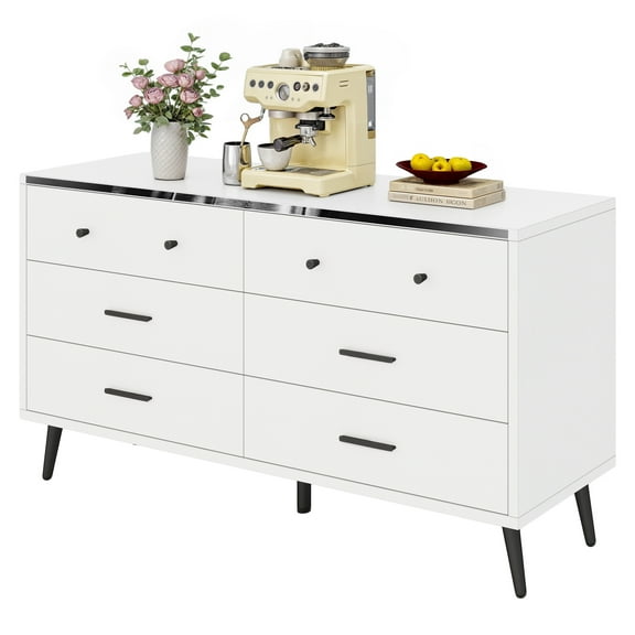 VibrantEcho Modern 6 Drawer Storage Dresser, White TV Stand for 55" TVs & Chest of Drawers
