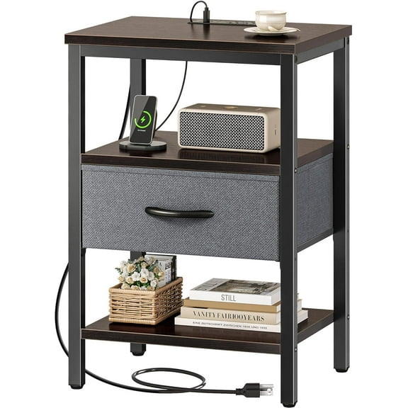 VibrantEcho Nightstand with Charging Station, Bed Side Table with Adjustable Fabric Drawer, Night Stand for Bedroom, 3-Tier Storage End Table, for Living Room - Walnut