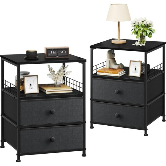 VibrantEcho Nightstand Set of 2, 17.8"W Bedside Table with Fabric Drawers and Open Wood Shelf Storage, Safety Netting on Both Sides of Bedside Table,Night Stand for Bedroom,Closet, Black and Gray