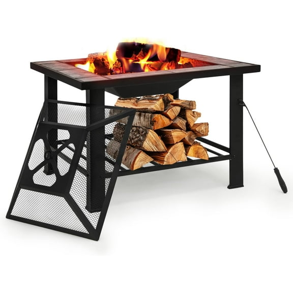 VibrantEcho Outdoor Fire Pit Table, 30 Inch Square Firepit Table for Outside Patio with Wood Storage and Spark Screen, Square Metal Fire Pit Tables for Outside Heating, Bonfire and Picnic