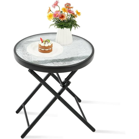 VibrantEcho Outdoor Side Tables - Folding Patio End Table with Tempered Glass Tabletop, Portable Bistro Coffee for Porch Yard, Balcony, Garden, Deck, Poolside, Transparent Glass