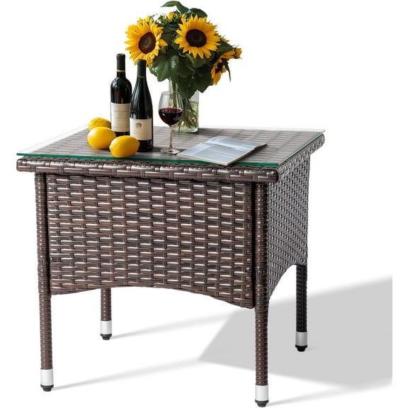 VibrantEcho Outdoor Wicker Side Table Patio Side Tables for Outside, Tempered Glass Top Wicker Table End Table for Balcony Porch Deck, Brown