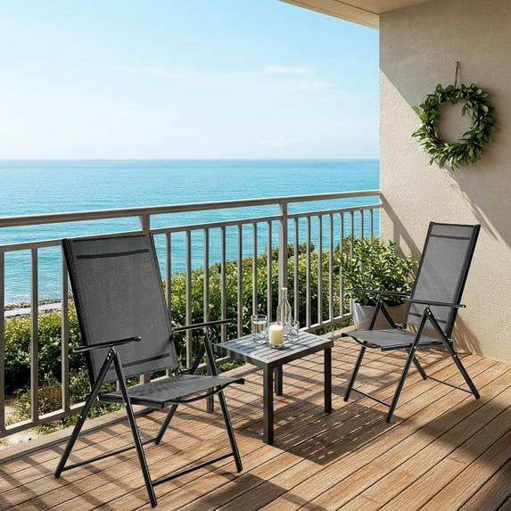 VibrantEcho Patio Folding Dining Chairs Set of 2, Stackable Outdoor Chairs with 8 Adjustable Back Positions and Armrest for Garden, Lawn, Yard and Beach, Dark Gray