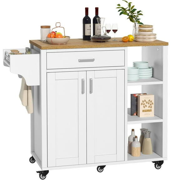 VibrantEcho Rolling Kitchen Island Cart, White Storage Cabinet with Countertop Drawer & Shelves