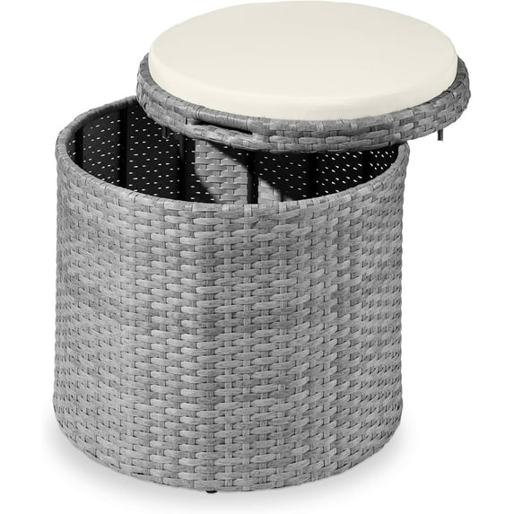 VibrantEcho Round Wicker Ottoman, Multipurpose Outdoor Furniture for Patio, Backyard, Additional Seating, Footrest, Side Table w/Storage, Removable Cushions – Gray/Cream