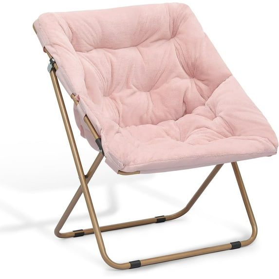 VibrantEcho Saucer Chair for Adult, Square Comfy Cozy Chair Folding Chair Faux Fur Metal Frame Foldable Reading Chair Accent Chair for Bed Room Living Room, Pink