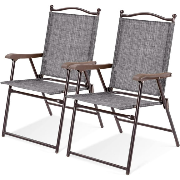 VibrantEcho Set of 2 Patio Folding Dining Chairs, Outdoor Sling Lawn Chairs with Armrests, Steel Frame, Portable Camping Lounge Chairs for Backyard, Deck, Poolside and Garden, No Assembly (1, Grey)