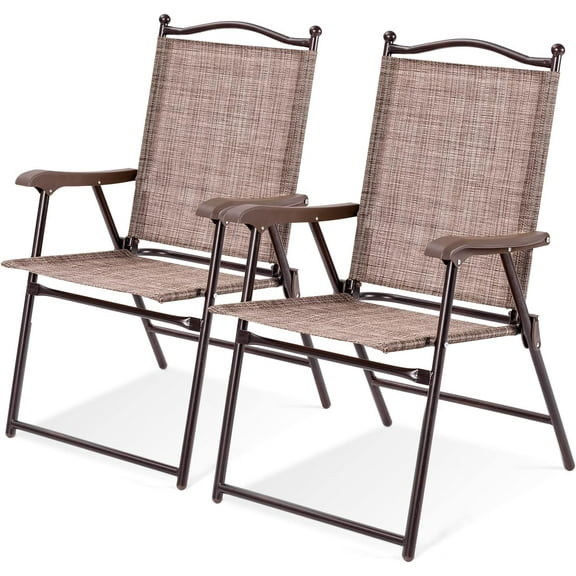 VibrantEcho Set of 2 Patio Folding Dining Chairs, Outdoor Sling Lawn Chairs with Armrests, Steel Frame, Portable Camping Lounge Chairs for Backyard, Deck, Poolside and Garden, No Assembly (1, Brown)
