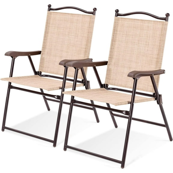 VibrantEcho Set of 2 Patio Folding Dining Chairs, Outdoor Sling Lawn Chairs with Armrests, Steel Frame, Portable Camping Lounge Chairs for Backyard, Deck, Poolside and Garden, No Assembly (1, Beige)
