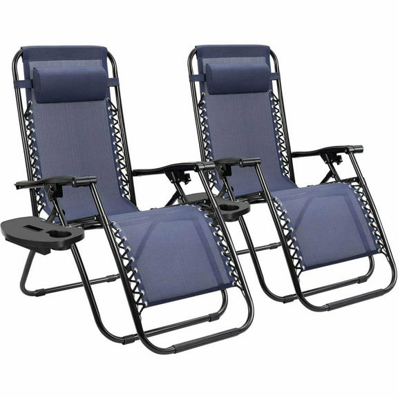 VibrantEcho Set of 2 Relaxing Recliners Patio Chairs Adjustable Steel Mesh Zero Gravity Lounge Chair Beach Chairs with Pillow and Cup Holder,Navy Blue