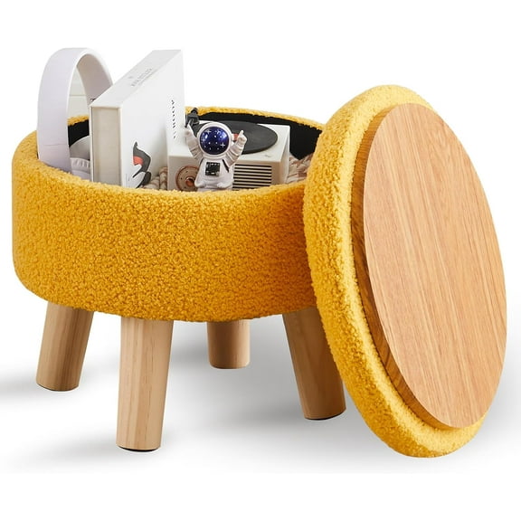 VibrantEcho Storage Ottoman, Modern Round Footrest with Soft Padded Seat, Teddy Velvet Footstool with Wood Legs, Accent Small Table or Plant Stand for Hallway, Living Room (Brilliant Yellow)