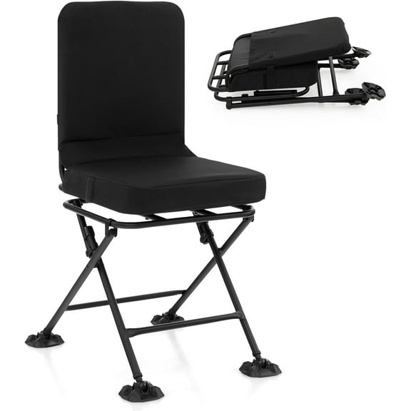 VibrantEcho Swivel Hunting Blind Chair - 360 Swivel Silent Hunter Chair, Folding Rotating Seat w/Padded Cushion, Backrest, Non-Slip Feet, Hunt Gear and Equipment, Hunting Chairs for Blinds (Black)