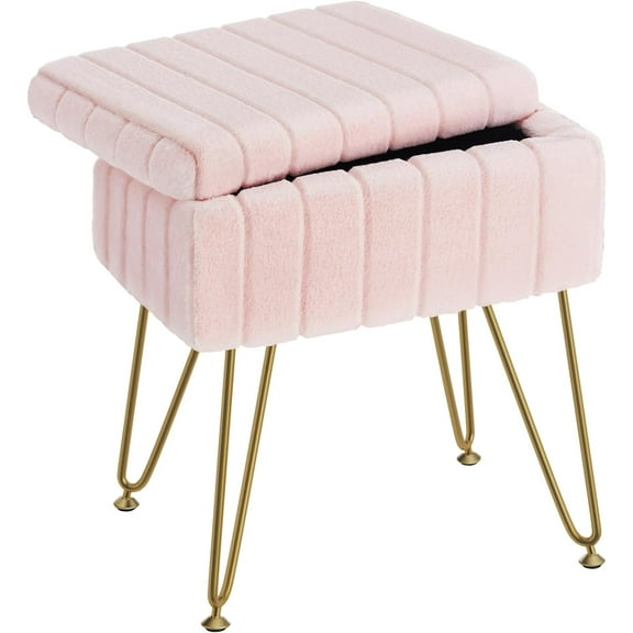 VibrantEcho Vanity Stool Chair Faux Fur with Storage, 15.7"L x 11.8"W x 19.4"H Soft Ottoman 4 Metal Legs with Anti-Slip Feet, Furry Padded Seat, Modern Multifunctional Chairs for Makeup, Bedroom Pink
