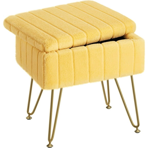 VibrantEcho Vanity Stool Chair Faux Fur with Storage, 15.7"L x 11.8"W x 19.4"H Soft Ottoman 4 Metal Legs with Anti-Slip Feet, Furry Padded Seat, Modern Multifunctional Chairs for Makeup, Yellow
