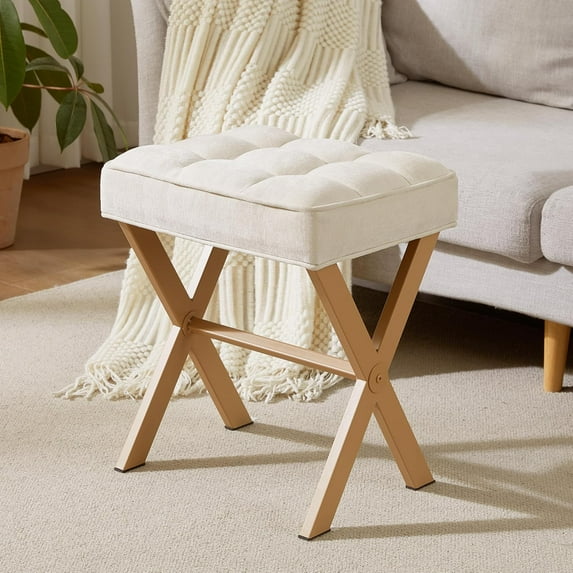 VibrantEcho Vanity Stool with Metal X Leg, Makeup Vanity Chair Foot Stool for Living Room, Small Square Ottoman Stool Foot Rest, Vanity seat for Bedroom,Linen Beige
