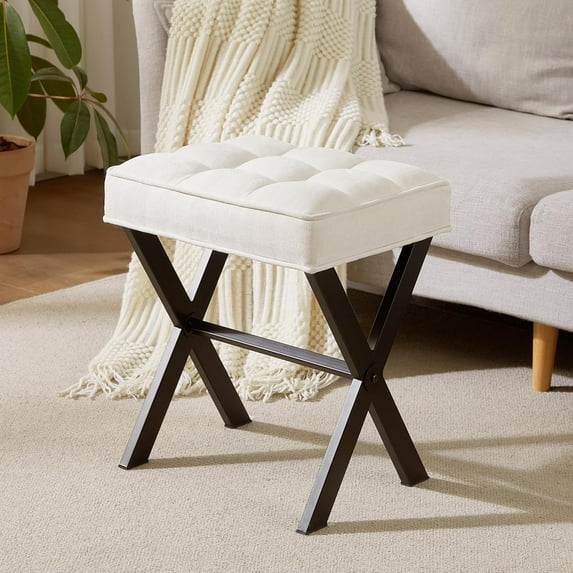 VibrantEcho Vanity Stool with Metal X Leg, Makeup Vanity Chair Foot Stool for Living Room, Small Square Ottoman Stool Foot Rest, Vanity seat for Bedroom,Linen White