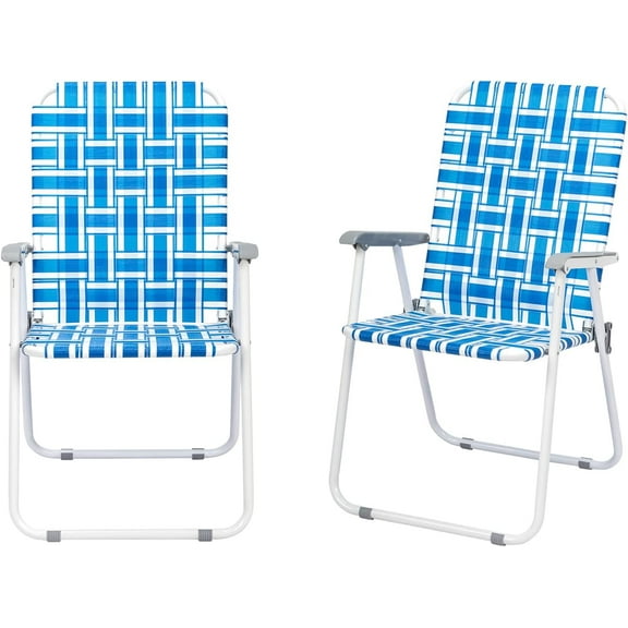 VibrantEcho Webbed Lawn Chairs Set of 2, Foldable Metal Patio Chairs Stable Steel Outdoor Chair for Camping, Fishing, Beach, Poolside, Backyard and BBQ,Blue&white
