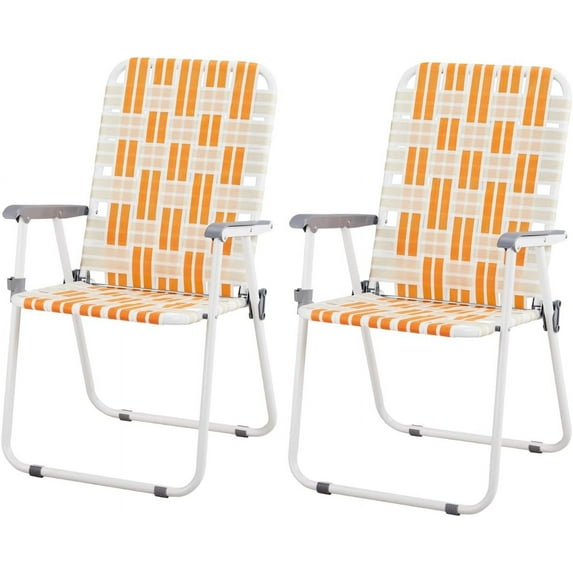 VibrantEcho Webbed Lawn Chairs Set of 2, Foldable Metal Patio Chairs Stable Steel Outdoor Chair for Camping, Fishing, Beach, Poolside, Backyard and BBQ,Orange&white