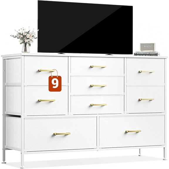 VibrantEcho White Dresser for Bedroom TV Stand, Wide Dresser with 9 Large Drawers for 55 Long TV Stand Entertainment Center, Storage Organizer Unit for Bedroom, Living Room, Closet, Entryway (White)