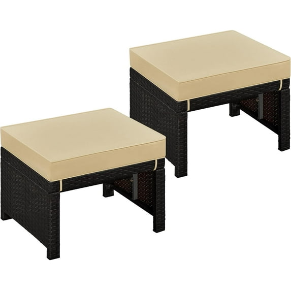 VibrantEcho Wicker Ottomans, Set of 2 Footrest with Removable Cushion, 2pcs PE Rattan Side Table Additional Seating Multipurpose Outdoor Furniture for Patio, Backyard, Brown/Khaki