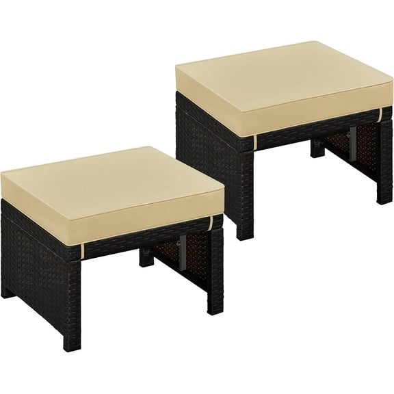 VibrantEcho Wicker Ottomans, Set of 2 Footrest with Removable Cushion, 2pcs PE Rattan Side Table Additional Seating Multipurpose Outdoor Furniture for Patio, Backyard, Brown/Khaki