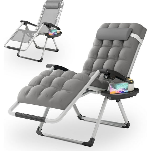 VibrantEcho Zero Gravity Chair with Cushion, Reclining Outdoor Patio Lounge Chair, Folding Indoor Anti Gravity Recliner, Portable Lounger with Removable Cup Holder Side Tray and Pillow Headrest(Grey)