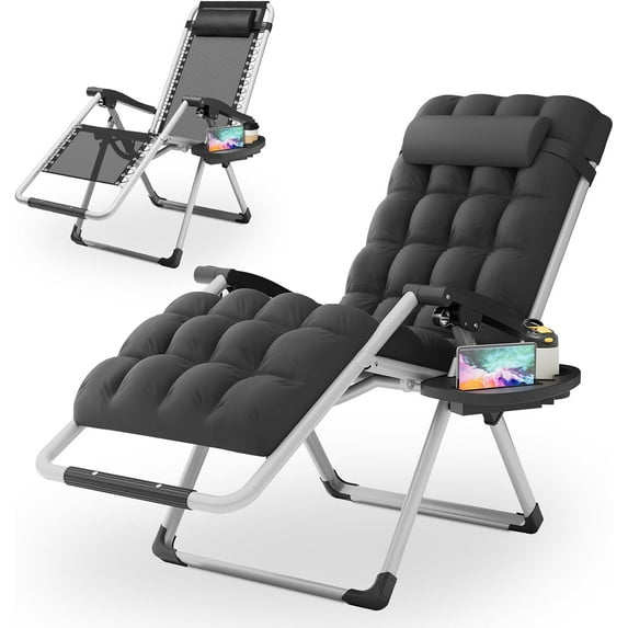 VibrantEcho Zero Gravity Chair with Cushion, Reclining Outdoor Patio Lounge Chair, Folding Indoor Anti Gravity Recliner, Portable Lounger with Removable Cup Holder Side Tray and Pillow (Black)