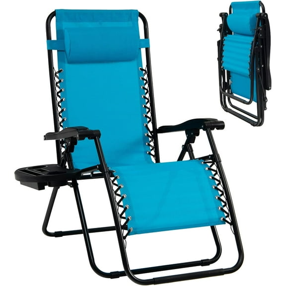 VibrantEcho Zero Gravity Lounge Chairs, 160°Adjustable Folding Recliner w/Pillow and Cup Holder, 350LBS Comfy Outdoor Lounge Chairs for Patio, Lawn, Yard & Camp(1, Light Blue)