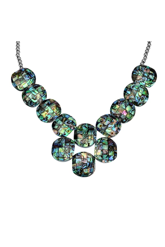 Vibrantly Colorful Abalone Shell Mosaic Linked Medallion Bib Necklace