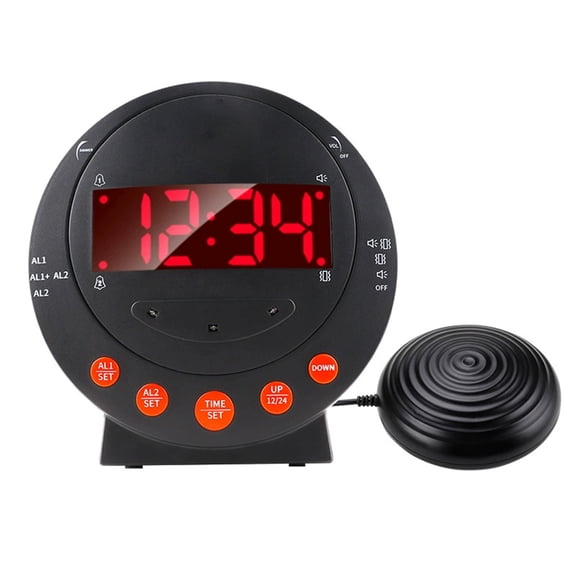 Vibrating Alarm Clock with LED Display, Dual Alarm for Heavy Sleepers, Deaf, and Elderly - Black
