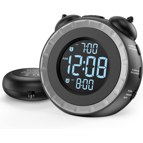 Vibrating Bed‑Shaker Dual Alarm Clock, Adjustable Wake‑up Timer for Heavy Sleepers & Hearing‑Impaired Users, 0‑100% Dimmable Display, USB Charging Port and Battery Backup